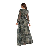 Women’s Printed Wrap Maxi Gown V‑Neck Long Sleeve Belted Flowy Dress for Parties, Weddings & Evening Events Lightweight Sheer Layer Western Outfit , g