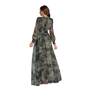 Women’s Printed Wrap Maxi Gown V‑Neck Long Sleeve Belted Flowy Dress for Parties, Weddings & Evening Events Lightweight Sheer Layer Western Outfit , g