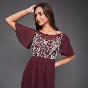 Miss Chase Women's Halter-Neck Cap-Sleeve Pleated Embellished Georgette Dress , wine