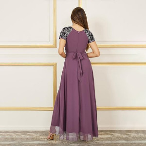 Miss Chase Women's Halter-Neck Cap-Sleeve Pleated Embellished Georgette Maxi Dress , mauve