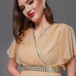 Miss Chase Women's Halter-Neck Cap-Sleeve Pleated Embellished Georgette Maxi Dress , lovely peach