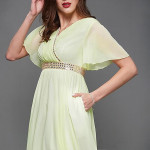 Miss Chase Women's Halter-Neck Cap-Sleeve Pleated Embellished Georgette Maxi Dress , starburst yellow