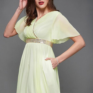 Miss Chase Women's Halter-Neck Cap-Sleeve Pleated Embellished Georgette Maxi Dress , starburst yellow