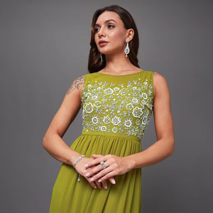 Miss Chase Women's Halter-Neck Cap-Sleeve Pleated Embellished Georgette Maxi Dress , sankefruit green