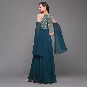 Miss Chase Women's Halter-Neck Cap-Sleeve Pleated Embellished Georgette Maxi Dress , Harbor teal