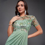 Miss Chase Women's Halter-Neck Cap-Sleeve Pleated Embellished Georgette Maxi Dress , Mentha mint