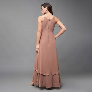 Miss Chase Women's Halter-Neck Cap-Sleeve Pleated Embellished Georgette Maxi Dress , Base Serene Peach