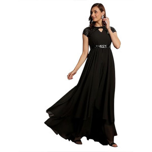 Miss Chase Women's Halter-Neck Cap-Sleeve Pleated Embellished Georgette Maxi Dress , pPlum Black