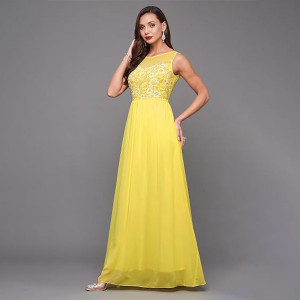 Miss Chase Women's Halter-Neck Cap-Sleeve Pleated Embellished Georgette Maxi Dress , Yuzu yellow