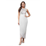 Miss Chase Women's Halter-Neck Cap-Sleeve Pleated Embellished Georgette Maxi Dress , Base Cream White