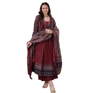 Women's Rayon Printed Anarkali Kurta and Pant with Dupatta Set ,maroon