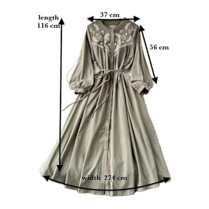 Women's Midi Cotton Dress, Long Sleeve, With Embroidery, Button Front with Belt
