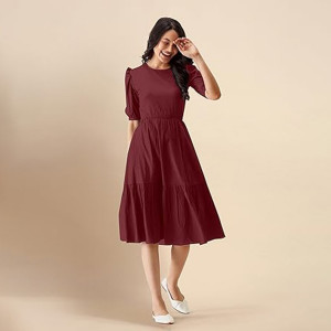 Trendmalls Dress for Women Satin Cotton Round Neck Half Puff Sleeve Flared Pleated Midi Western Dress ,Maroon