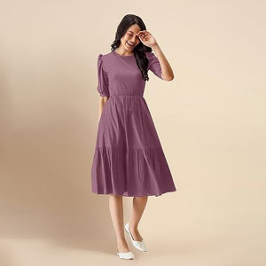 Trendmalls Dress for Women Satin Cotton Round Neck Half Puff Sleeve Flared Pleated Midi Western Dress , light purple