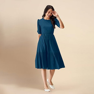 Trendmalls Dress for Women Satin Cotton Round Neck Half Puff Sleeve Flared Pleated Midi Western Dress , Morpeach