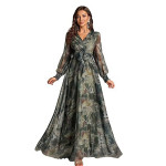 Women’s Printed Wrap Maxi Gown V‑Neck Long Sleeve Belted Flowy Dress for Parties, Weddings & Evening Events Lightweight Sheer Layer Western Outfit , g