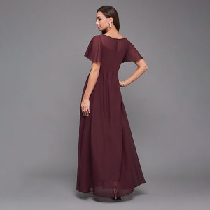 Miss Chase Women's Halter-Neck Cap-Sleeve Pleated Embellished Georgette Dress , wine