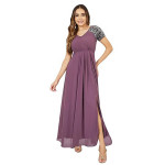 Miss Chase Women's Halter-Neck Cap-Sleeve Pleated Embellished Georgette Maxi Dress , mauve