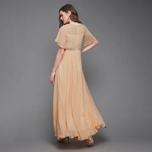 Miss Chase Women's Halter-Neck Cap-Sleeve Pleated Embellished Georgette Maxi Dress , lovely peach