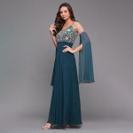 Miss Chase Women's Halter-Neck Cap-Sleeve Pleated Embellished Georgette Maxi Dress , Harbor teal