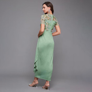 Miss Chase Women's Halter-Neck Cap-Sleeve Pleated Embellished Georgette Maxi Dress , Mentha mint