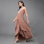 Miss Chase Women's Halter-Neck Cap-Sleeve Pleated Embellished Georgette Maxi Dress , Base Serene Peach