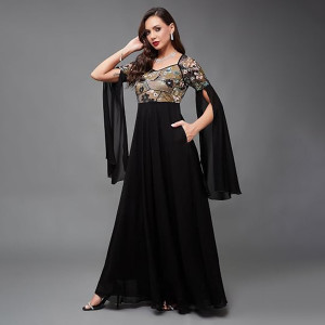 Miss Chase Women's Halter-Neck Cap-Sleeve Pleated Embellished Georgette Maxi Dress , Persimmon black