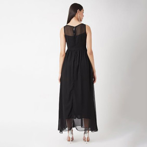 Miss Chase Women's Halter-Neck Cap-Sleeve Pleated Embellished Georgette Maxi Dress , Cherry Black