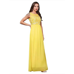 Miss Chase Women's Halter-Neck Cap-Sleeve Pleated Embellished Georgette Maxi Dress , Yuzu yellow