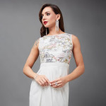 Miss Chase Women's Halter-Neck Cap-Sleeve Pleated Embellished Georgette Maxi Dress , Base Cream White