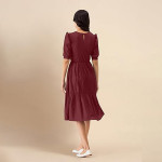 Trendmalls Dress for Women Satin Cotton Round Neck Half Puff Sleeve Flared Pleated Midi Western Dress ,Maroon