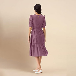 Trendmalls Dress for Women Satin Cotton Round Neck Half Puff Sleeve Flared Pleated Midi Western Dress , light purple