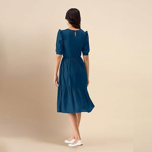 Trendmalls Dress for Women Satin Cotton Round Neck Half Puff Sleeve Flared Pleated Midi Western Dress , Morpeach