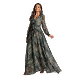 Women’s Printed Wrap Maxi Gown V‑Neck Long Sleeve Belted Flowy Dress for Parties, Weddings & Evening Events Lightweight Sheer Layer Western Outfit , g