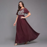Miss Chase Women's Halter-Neck Cap-Sleeve Pleated Embellished Georgette Dress , wine