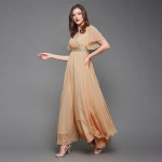 Miss Chase Women's Halter-Neck Cap-Sleeve Pleated Embellished Georgette Maxi Dress , lovely peach