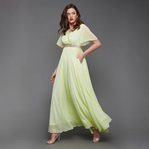 Miss Chase Women's Halter-Neck Cap-Sleeve Pleated Embellished Georgette Maxi Dress , starburst yellow