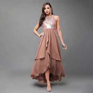 Miss Chase Women's Halter-Neck Cap-Sleeve Pleated Embellished Georgette Maxi Dress , Base Serene Peach