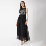 Miss Chase Women's Halter-Neck Cap-Sleeve Pleated Embellished Georgette Maxi Dress , Cherry Black