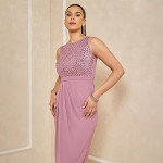 Miss Chase Women's Halter-Neck Cap-Sleeve Pleated Embellished Georgette Maxi Dress , Daligha