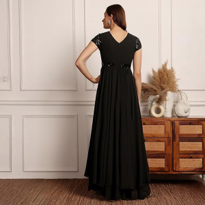 Miss Chase Women's Halter-Neck Cap-Sleeve Pleated Embellished Georgette Maxi Dress , pPlum Black