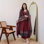 Women's Rayon Printed Anarkali Kurta and Pant with Dupatta Set ,maroon