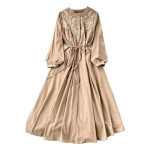 Women's Midi Cotton Dress, Long Sleeve, With Embroidery, Button Front with Belt , beige