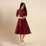 Trendmalls Dress for Women Satin Cotton Round Neck Half Puff Sleeve Flared Pleated Midi Western Dress ,Maroon