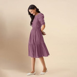 Trendmalls Dress for Women Satin Cotton Round Neck Half Puff Sleeve Flared Pleated Midi Western Dress , light purple