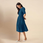 Trendmalls Dress for Women Satin Cotton Round Neck Half Puff Sleeve Flared Pleated Midi Western Dress , Morpeach