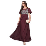Miss Chase Women's Halter-Neck Cap-Sleeve Pleated Embellished Georgette Dress , wine