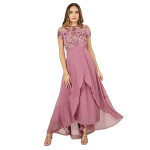 Miss Chase Women's Halter-Neck Cap-Sleeve Pleated Embellished Georgette Maxi Dress , base loquat