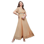 Miss Chase Women's Halter-Neck Cap-Sleeve Pleated Embellished Georgette Maxi Dress , lovely peach