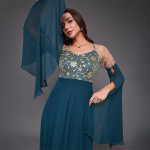 Miss Chase Women's Halter-Neck Cap-Sleeve Pleated Embellished Georgette Maxi Dress , Harbor teal